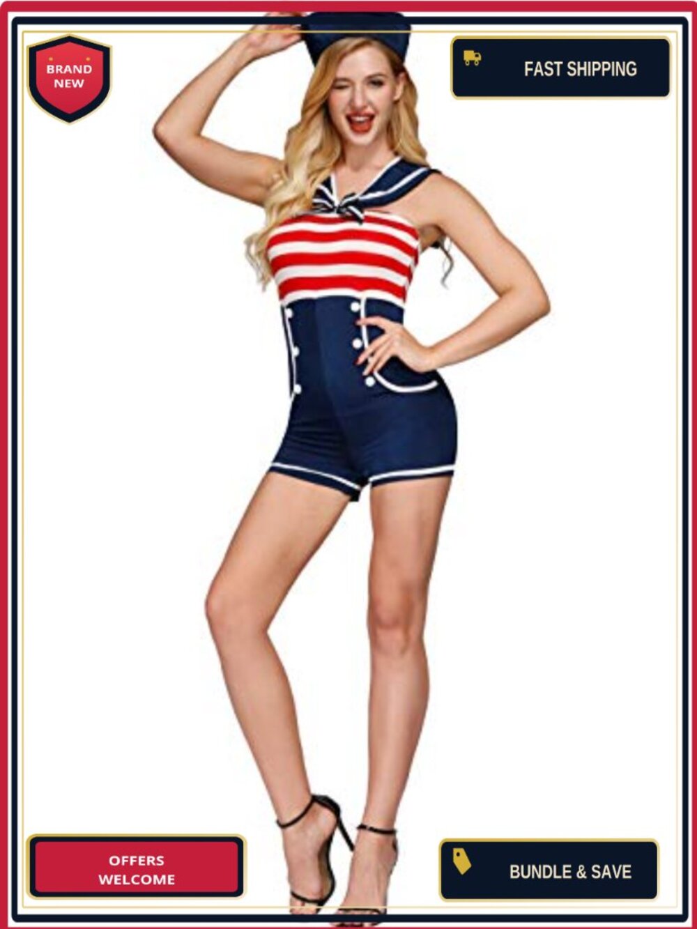 Women's Sailor Costume Jumpsuit with Hat Halloween Fancy Dress